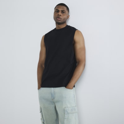 Black Regular Fit Embroidered Tank Top