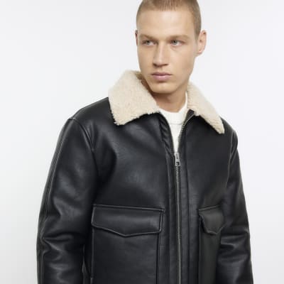 Mens faux leather aviator on sale jacket