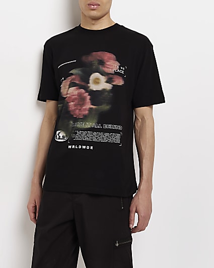 Black Regular fit Floral Blur Graphic t-shirt