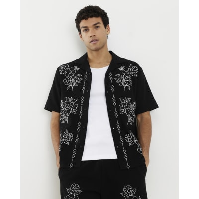 Black Regular Fit Floral Embroidered Shirt