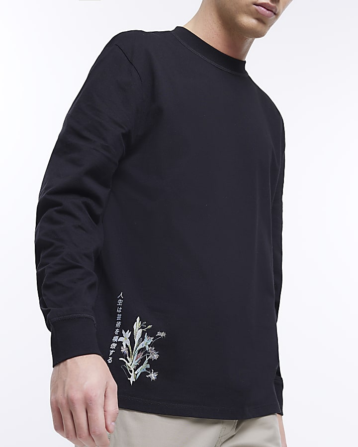 Black regular fit floral long sleeve t-shirt