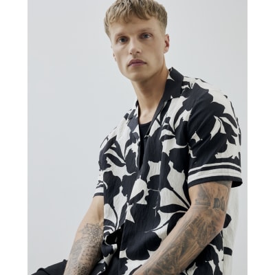 Black Regular Fit Floral Print Shirt