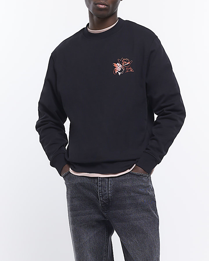 Black regular fit floral print sweatshirt