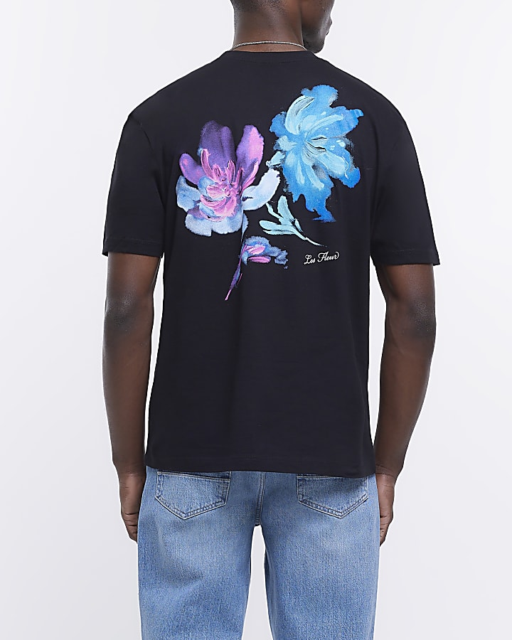 Black regular fit floral print t-shirt