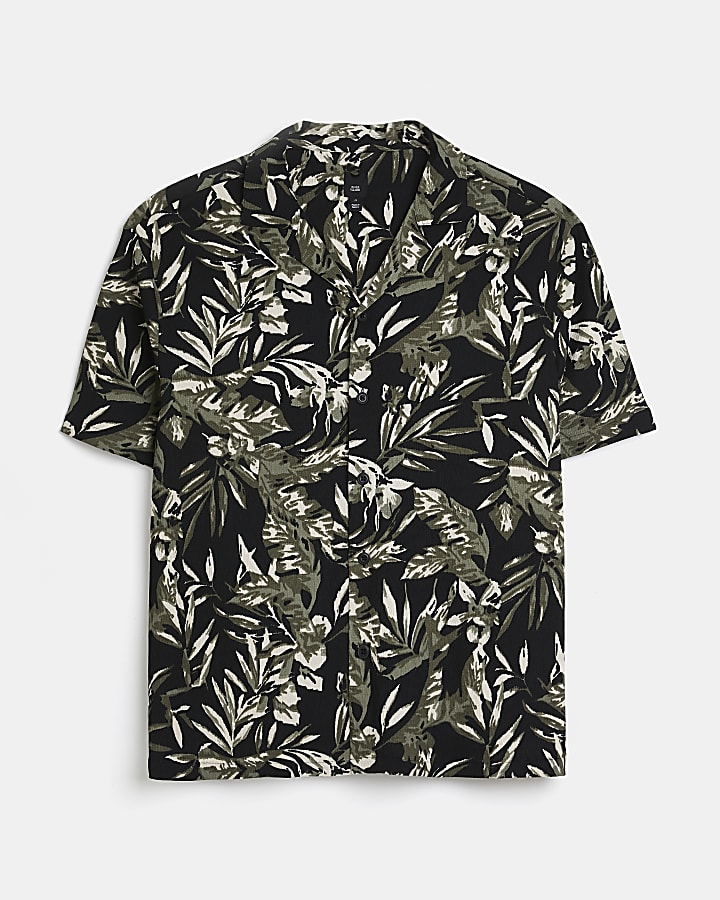 Black regular fit floral revere shirt