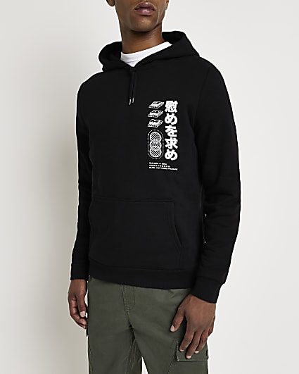 Black regular fit graphic hoodie