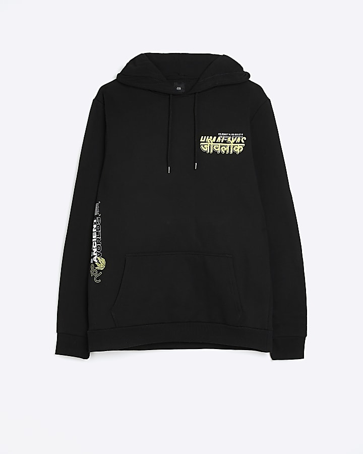 Black regular fit graphic print hoodie