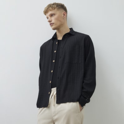 Black Regular Fit Grid Textured Shirt