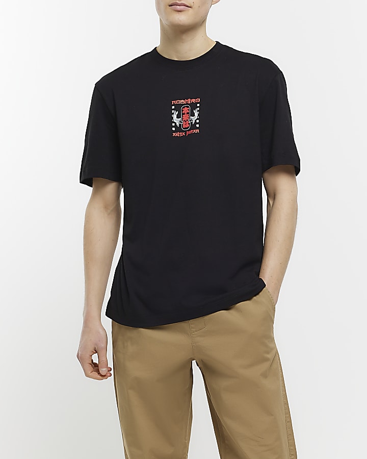 Black regular fit Japanese back print t-shirt