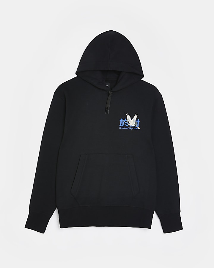 Black Regular fit Japanese graphic hoodie