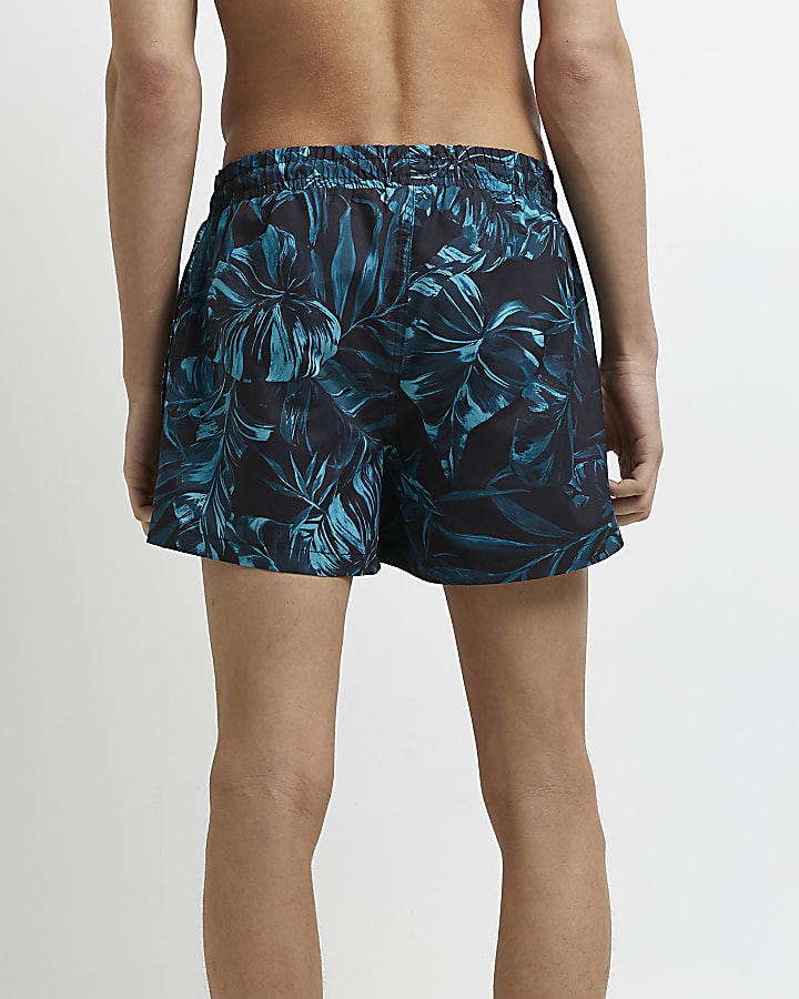 Black regular fit leaf print swim shorts