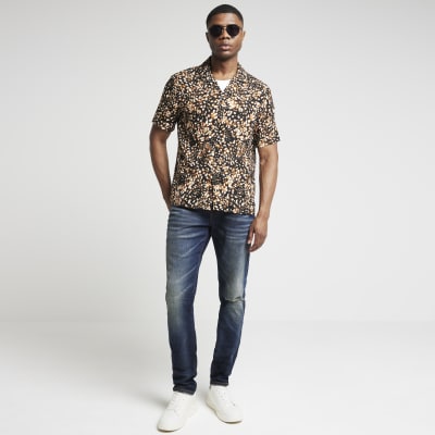 Mens River Island Black Regular Fit Leopard Print Revere Shirt