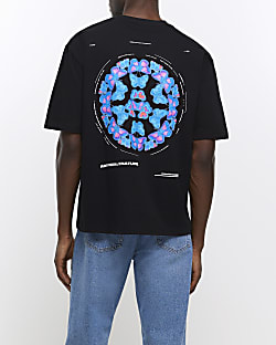 Black regular fit neon butterfly t-shirt