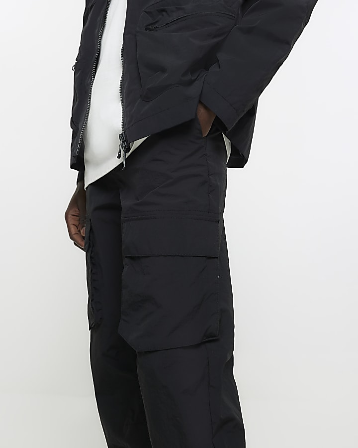Black regular fit nylon cargo trousers