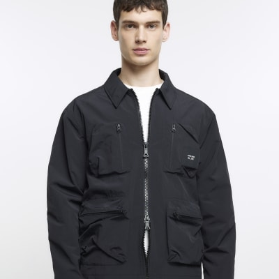 Black regular fit nylon utility shacket