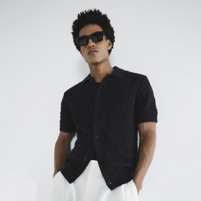 Black Regular Fit Open Knit Shirt