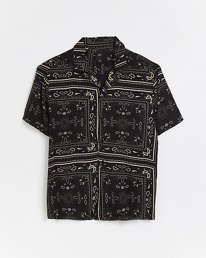 Black regular fit Paisley print revere shirt