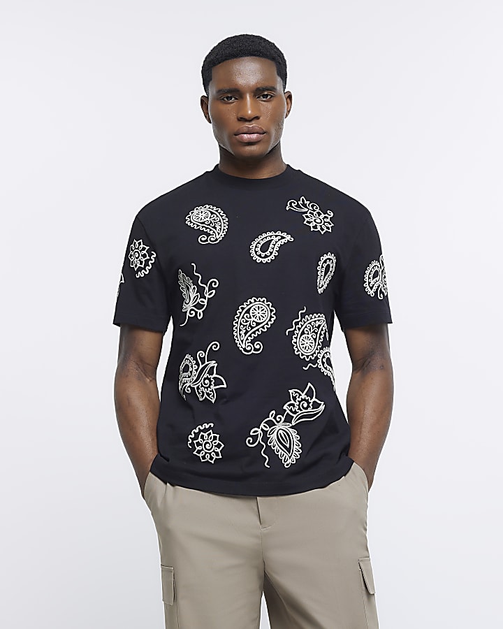 Black regular fit paisley t-shirt