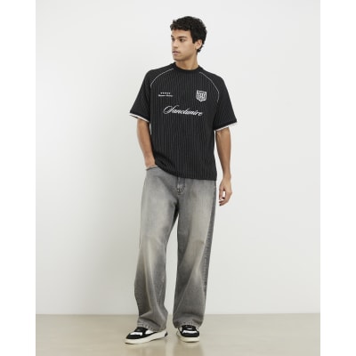 Black Regular Fit Pinstripe Football T-shirt