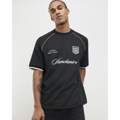 Black Regular Fit Pinstripe Football T-Shirt