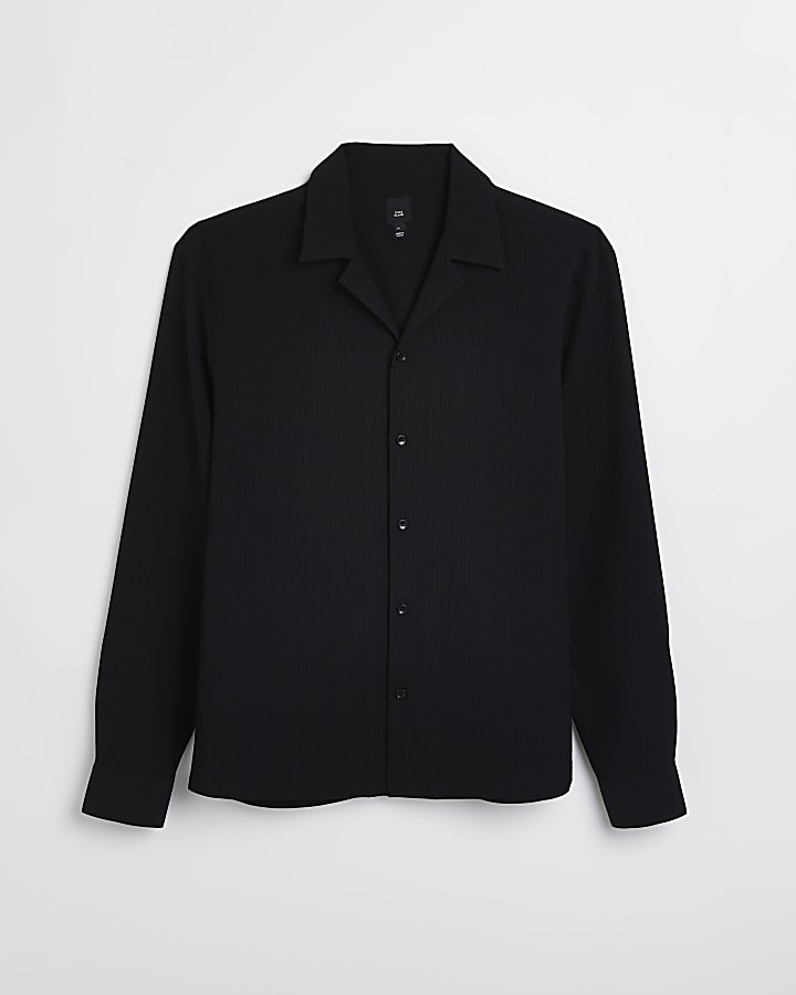 Black regular fit plisse long sleeve shirt