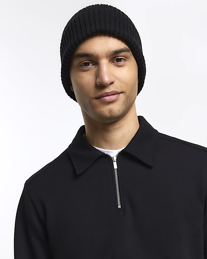 Black regular fit quarter zip polo shirt