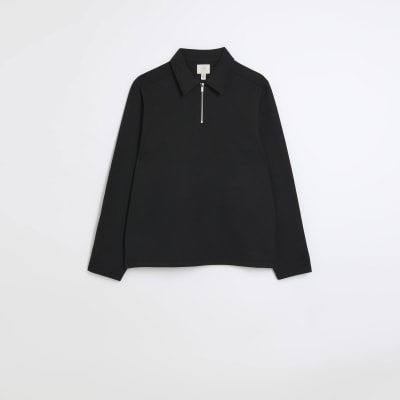 Black regular fit quarter zip polo shirt