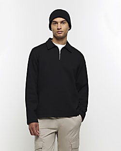 Black regular fit quarter zip polo shirt
