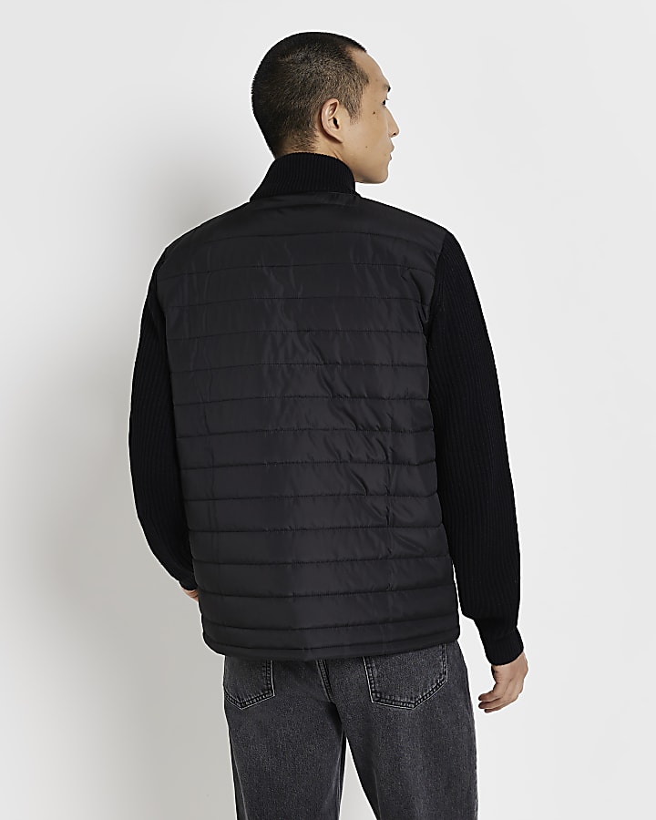 Black regular fit quilted zip up jacket