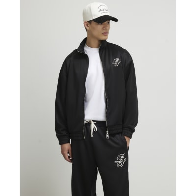 Black Regular Fit Script Zip Through Jacket