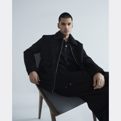 Black Regular Fit Shearling Western Jacket