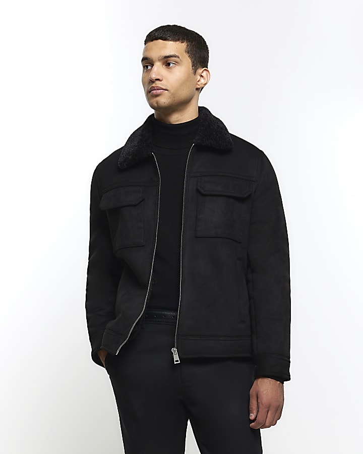 Black regular fit shearling western jacket | River Island