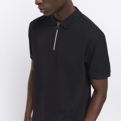 Black regular fit smart texture zip neck polo | River Island