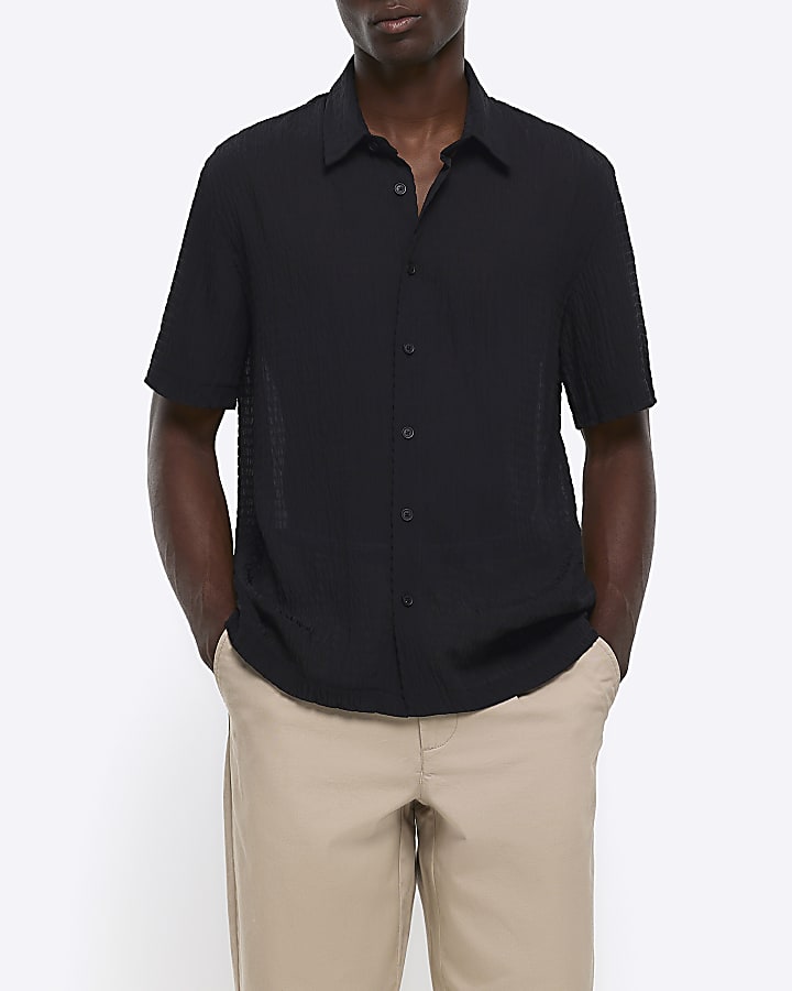Black regular fit textured short sleeve shirt | River Island