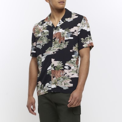 Black regular fit tiger print revere shirt