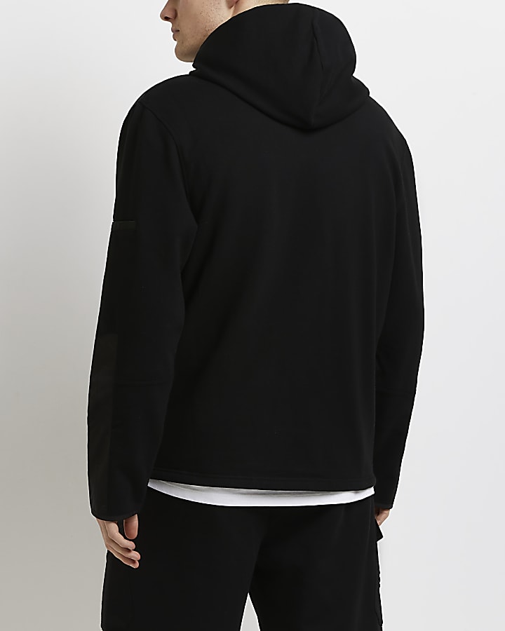 Black regular fit utility nylon pocket hoodie