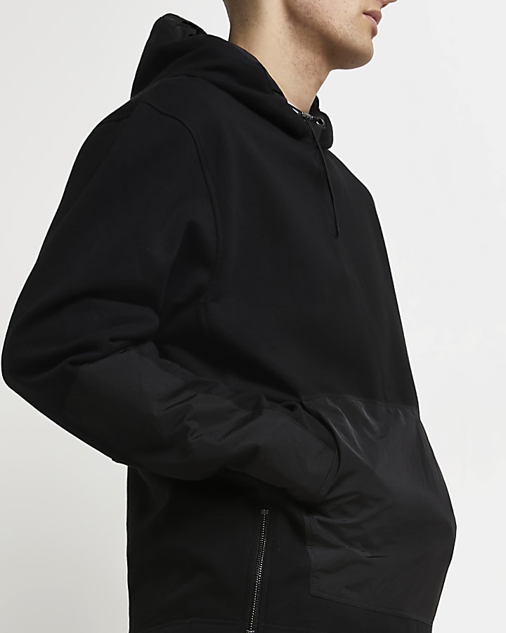 Black regular fit utility nylon pocket hoodie