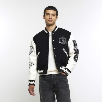 River Island pu sleeve varsity jacket with badges in purple