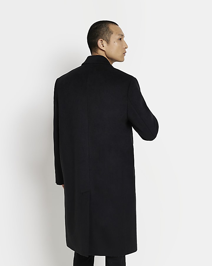 Black regular fit wool blend overcoat