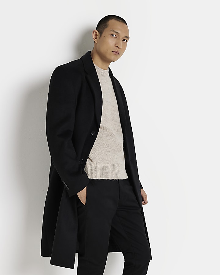 Black regular fit wool blend overcoat