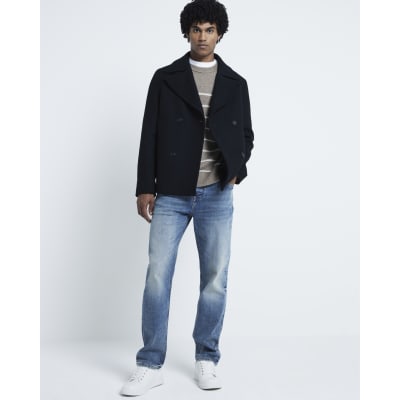 Black Regular Fit Wool Blend Peacoat River Island