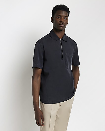 Black Regular fit zip Lyocell Polo Shirt
