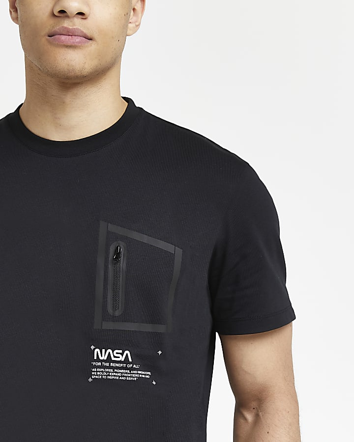 Black regular fit zip NASA graphic t-shirt