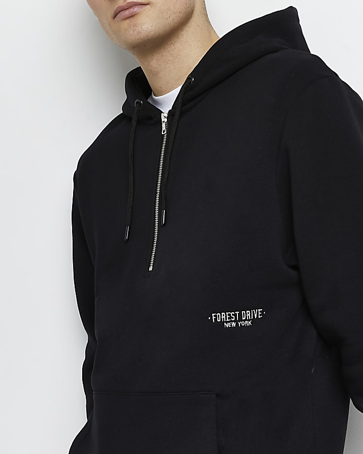 Black regular fit zip neck hoodie