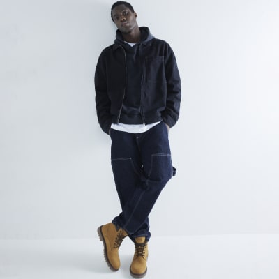 Black regular fit zip through denim jacket River Island