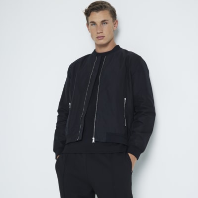 Black regular fit zip up bomber jacket | River Island