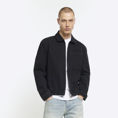 Black denim zip up jacket sale