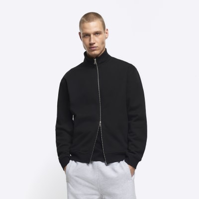 Black regular fit zip up funnel sweatshirt | River Island