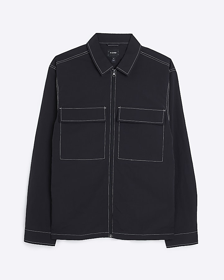 Black regular fit zip up long sleeve shirt