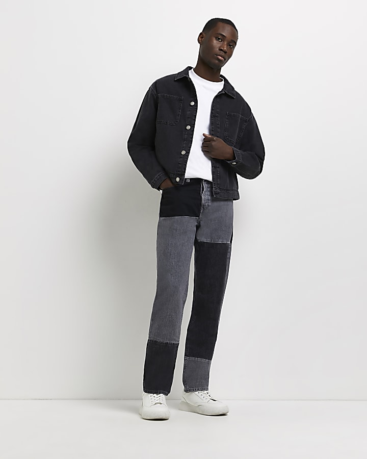 Black relaxed fit patchwork jeans
